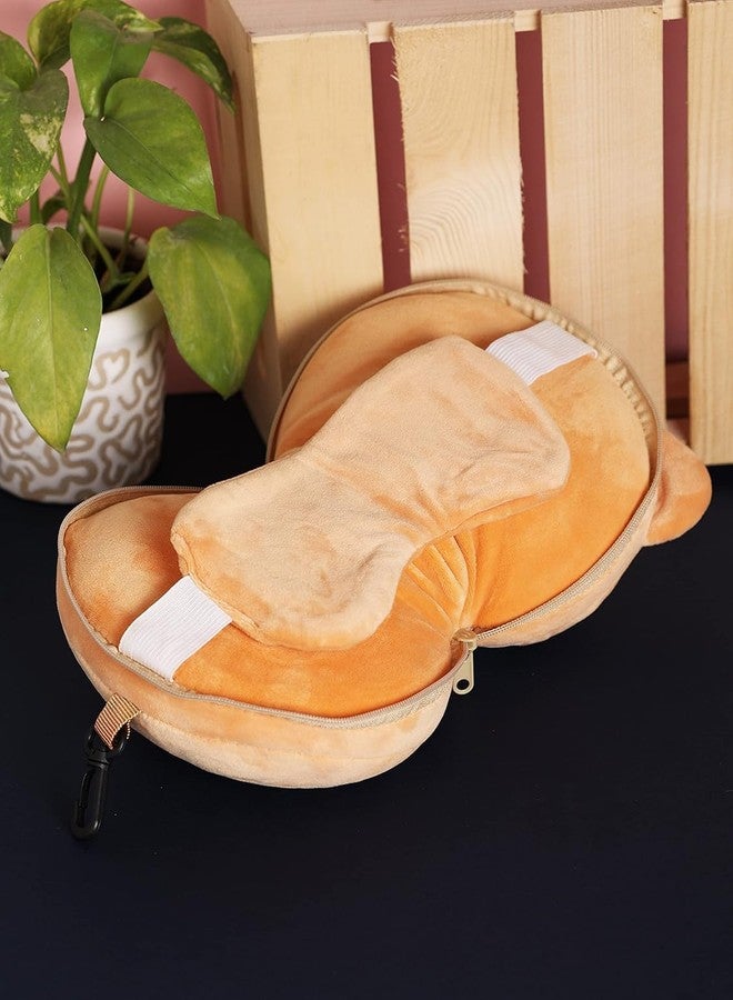 Pixelera Cute Plush Cat Travel Pillow and Eye Mask Set, Foldable Neck Support Cushion, Soft Cotton Blend, Beige and White, for Car Train Flight Sleep - Image 5